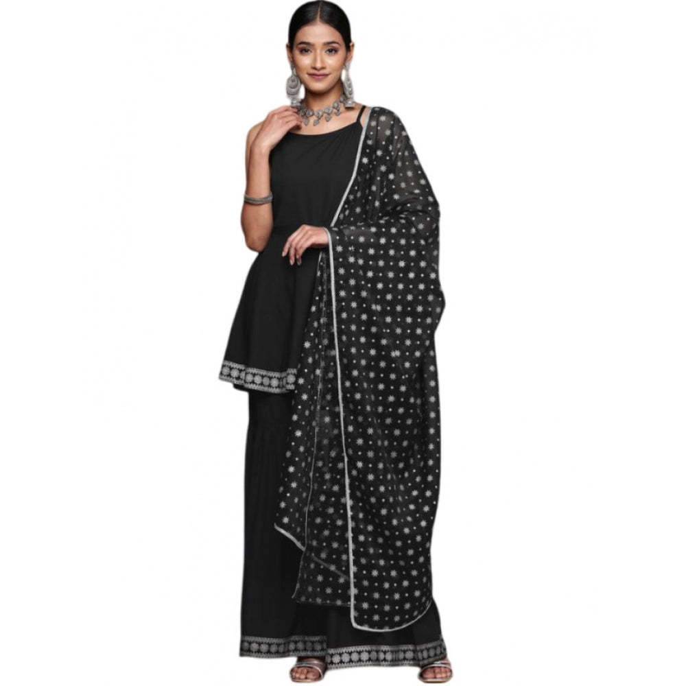 Casual Sleeveless Ethnic Motifs Crepe Kurti Sharara And Dupatta Set