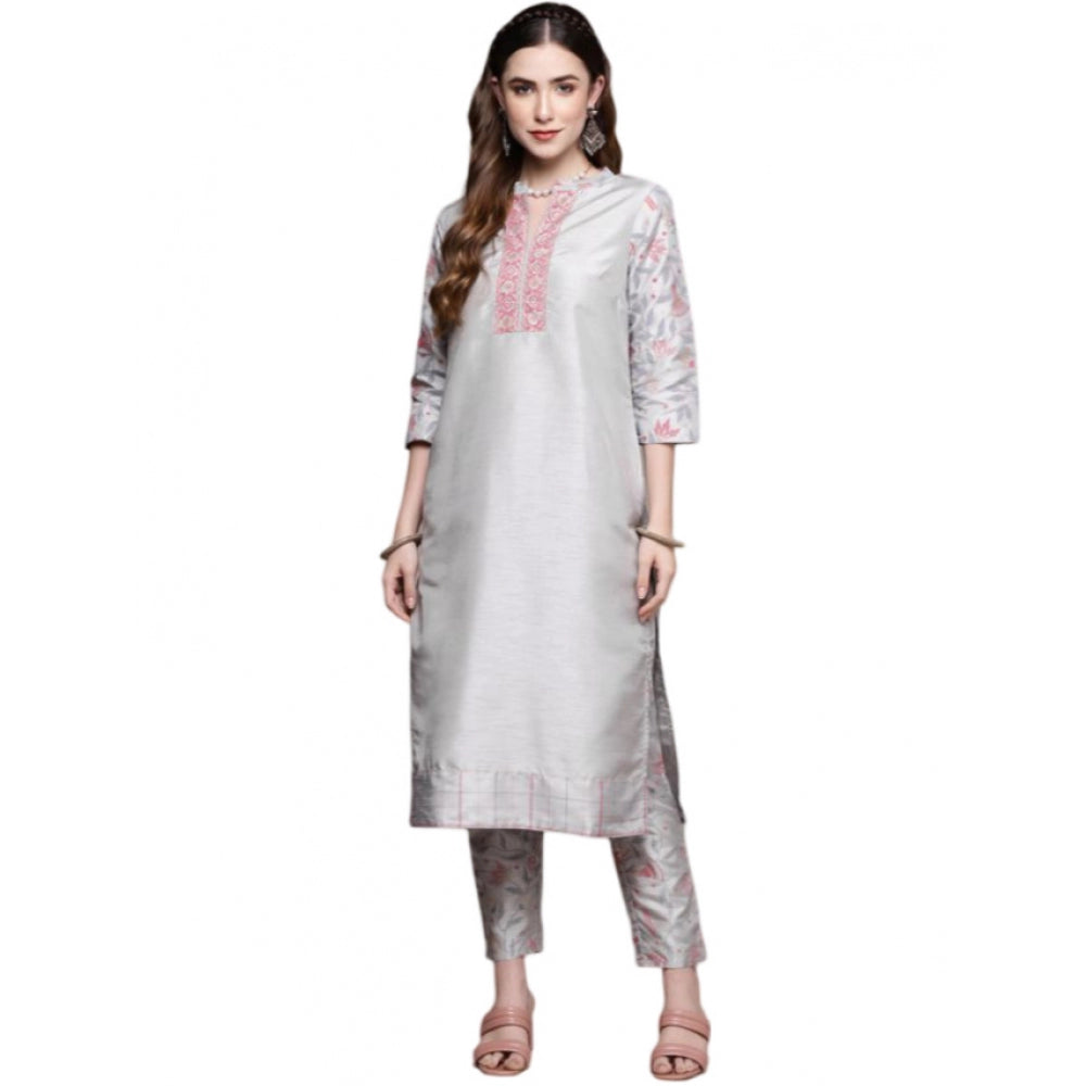 Casual 3-4Th Sleeve Solid Poly Silk Kurti and Pant Set