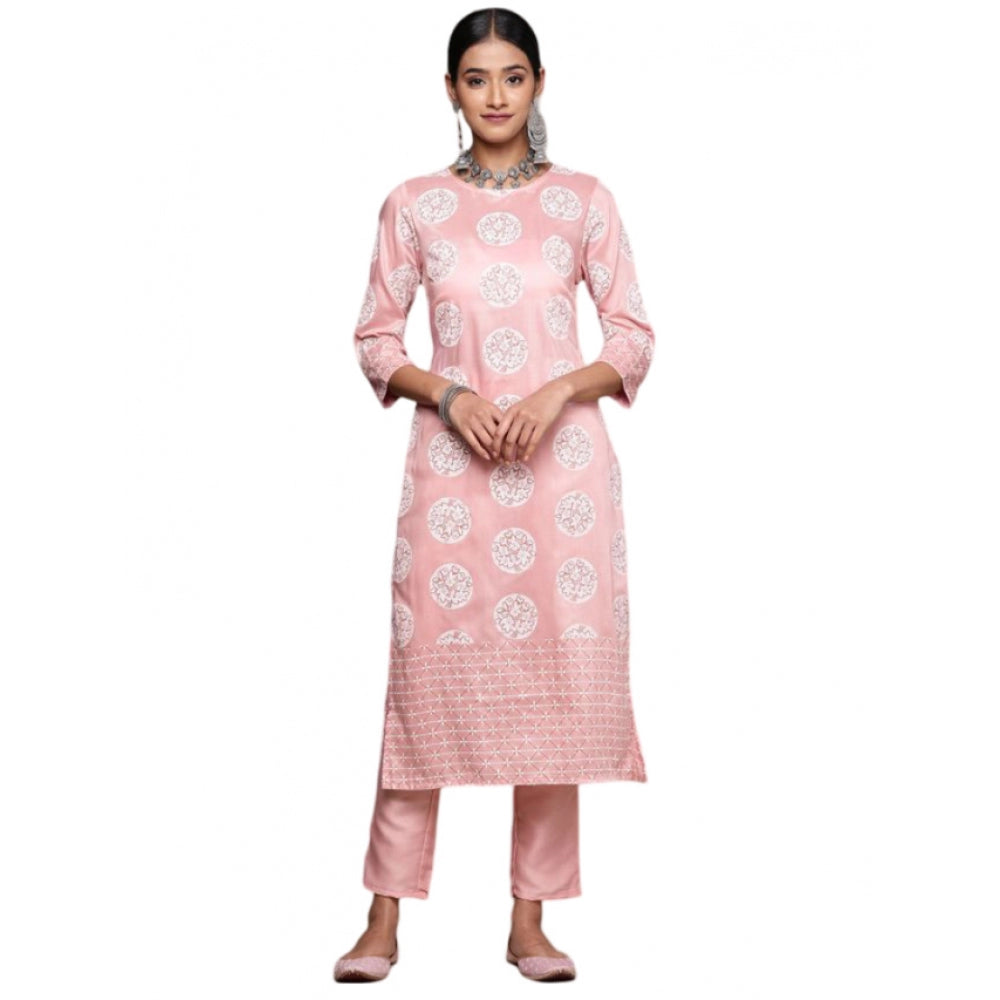 Casual 3-4Th Sleeve Floral Printed Chinon Kurti and Pant Set