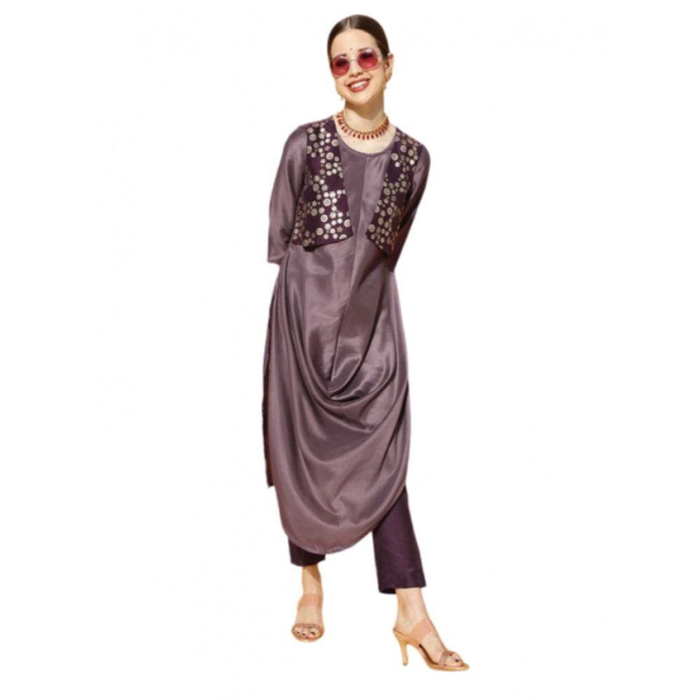 Casual 3-4Th Sleeve Solid Chinon Kurti And Pant Set