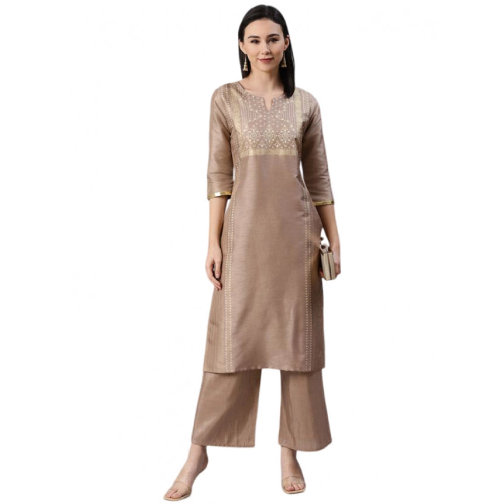 Casual 3-4Th Sleeve Ethnic Motifs Poly Silk Kurti And Palazzo Set