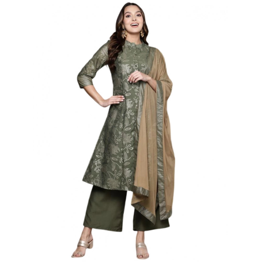 Casual 3-4Th Sleeve Floral Printed Chanderi Cotton Kurti Palazzo And Dupatta Set