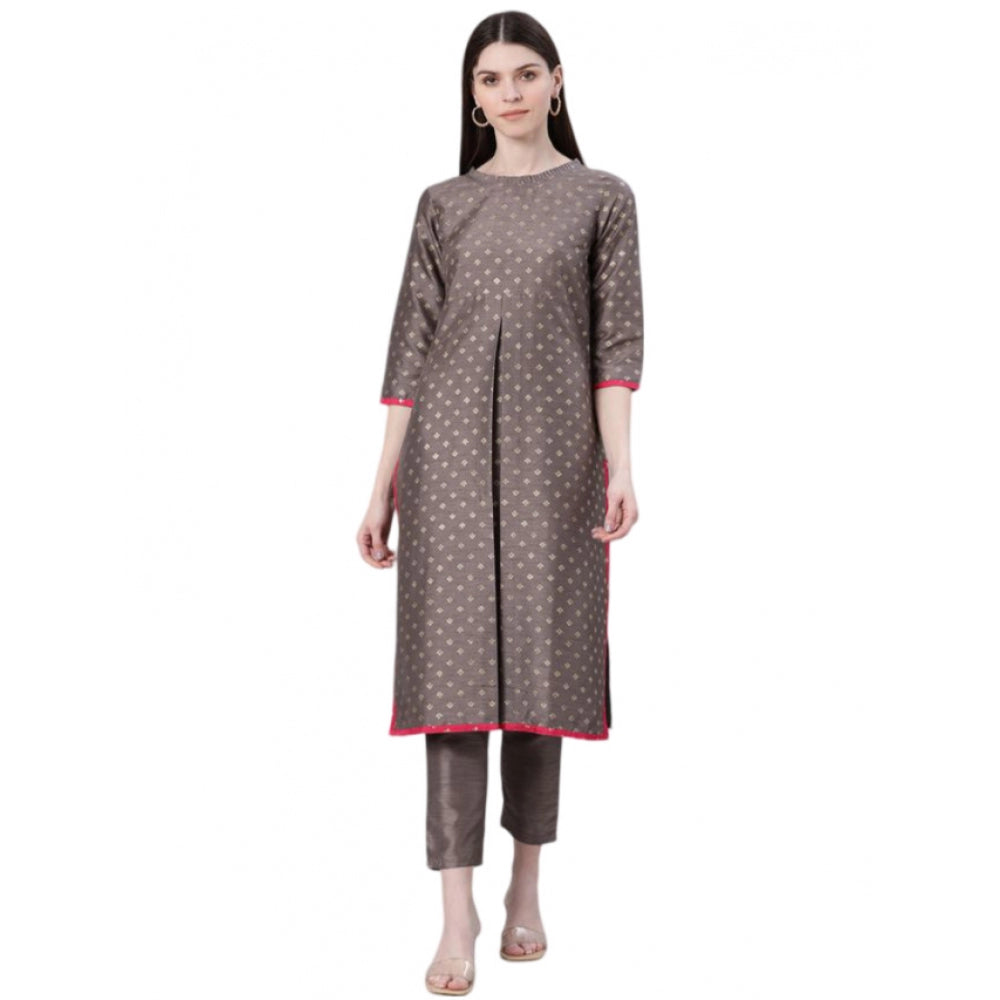 Casual 3-4Th Sleeve Ethnic Motifs Poly Silk Kurti And Pant Set