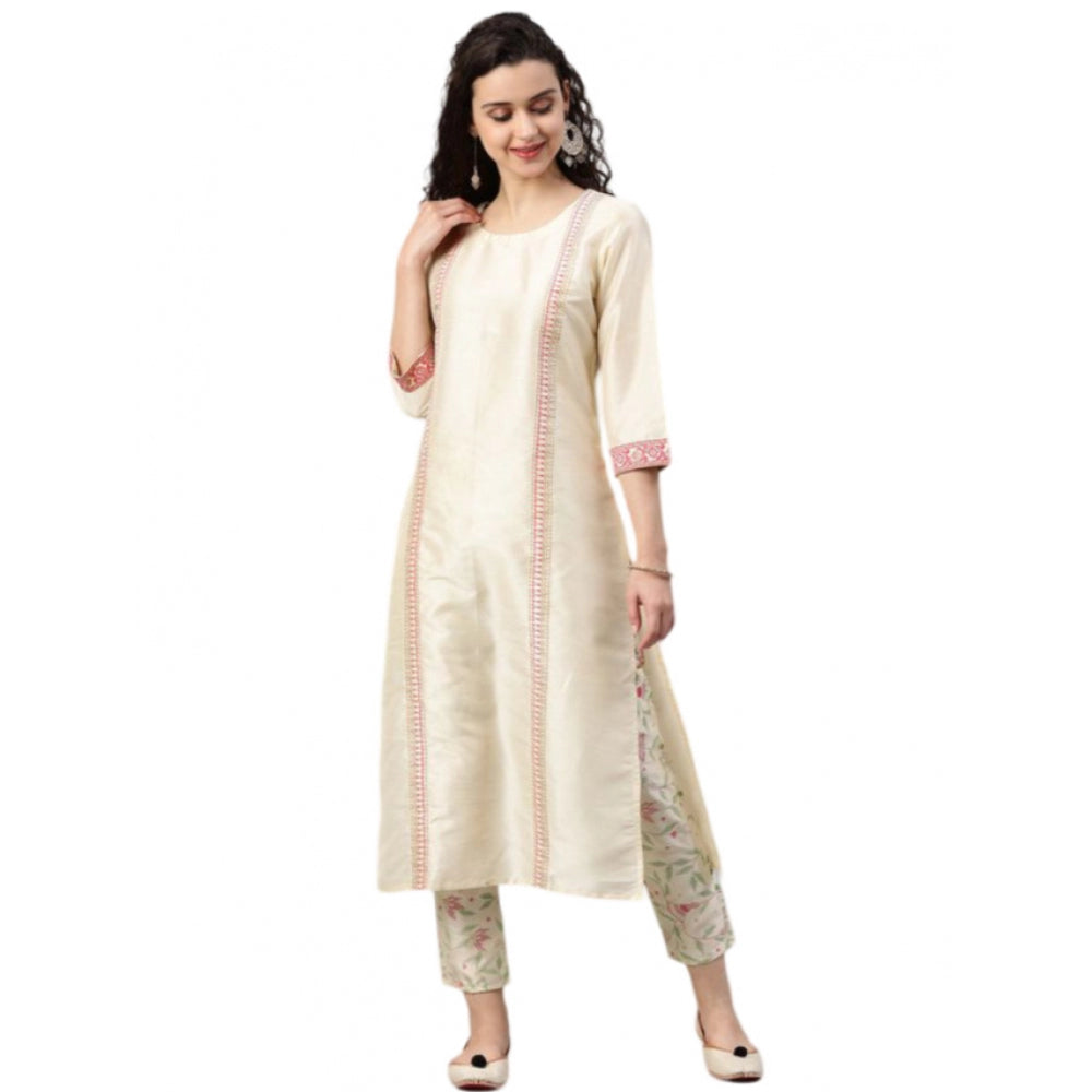 Casual 3-4Th Sleeve Geometric Poly Silk Kurti and Pant Set