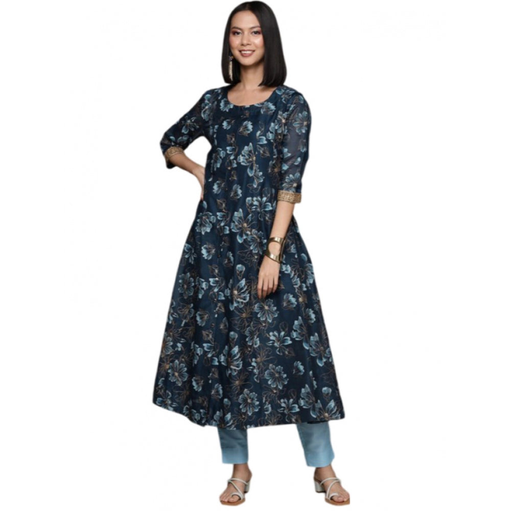 Casual 3-4Th Sleeve Floral Printed Chanderi Cotton Kurti And Pant Set