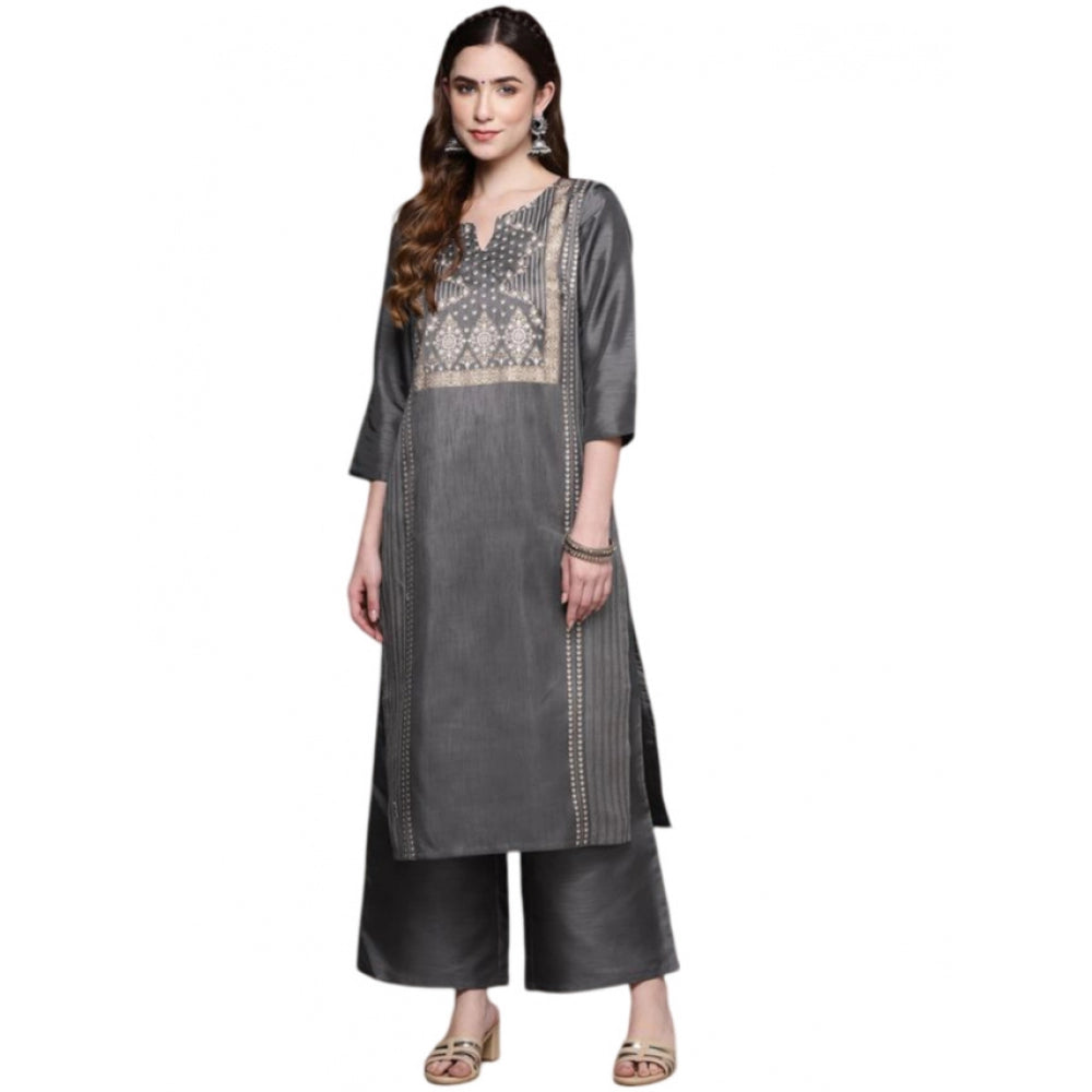 Casual 3-4Th Sleeve Ethnic Motifs Poly Silk Kurti And Palazzo Set