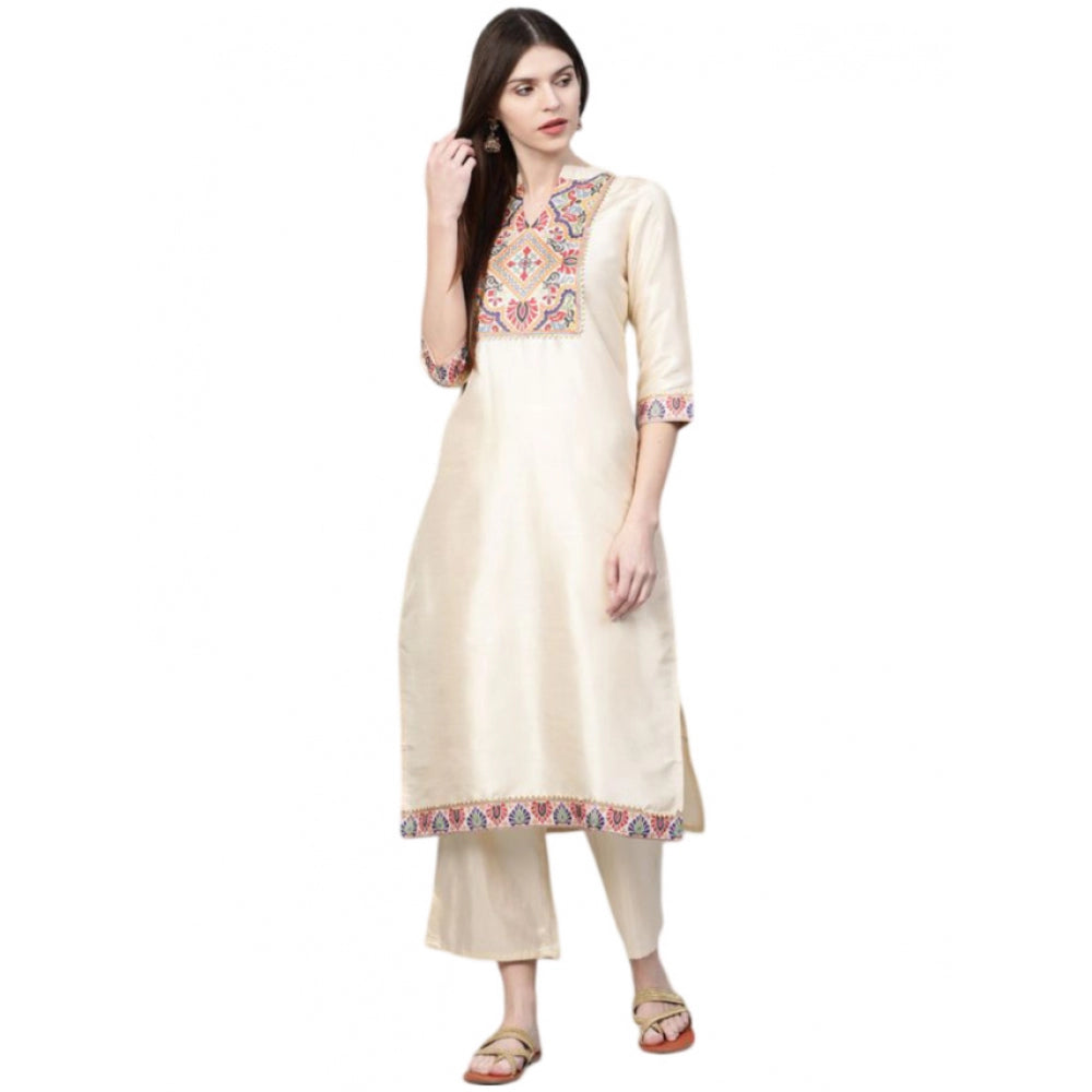 Casual 3-4Th Sleeve Ethnic Motifs Poly Silk Kurti and Palazzo Set