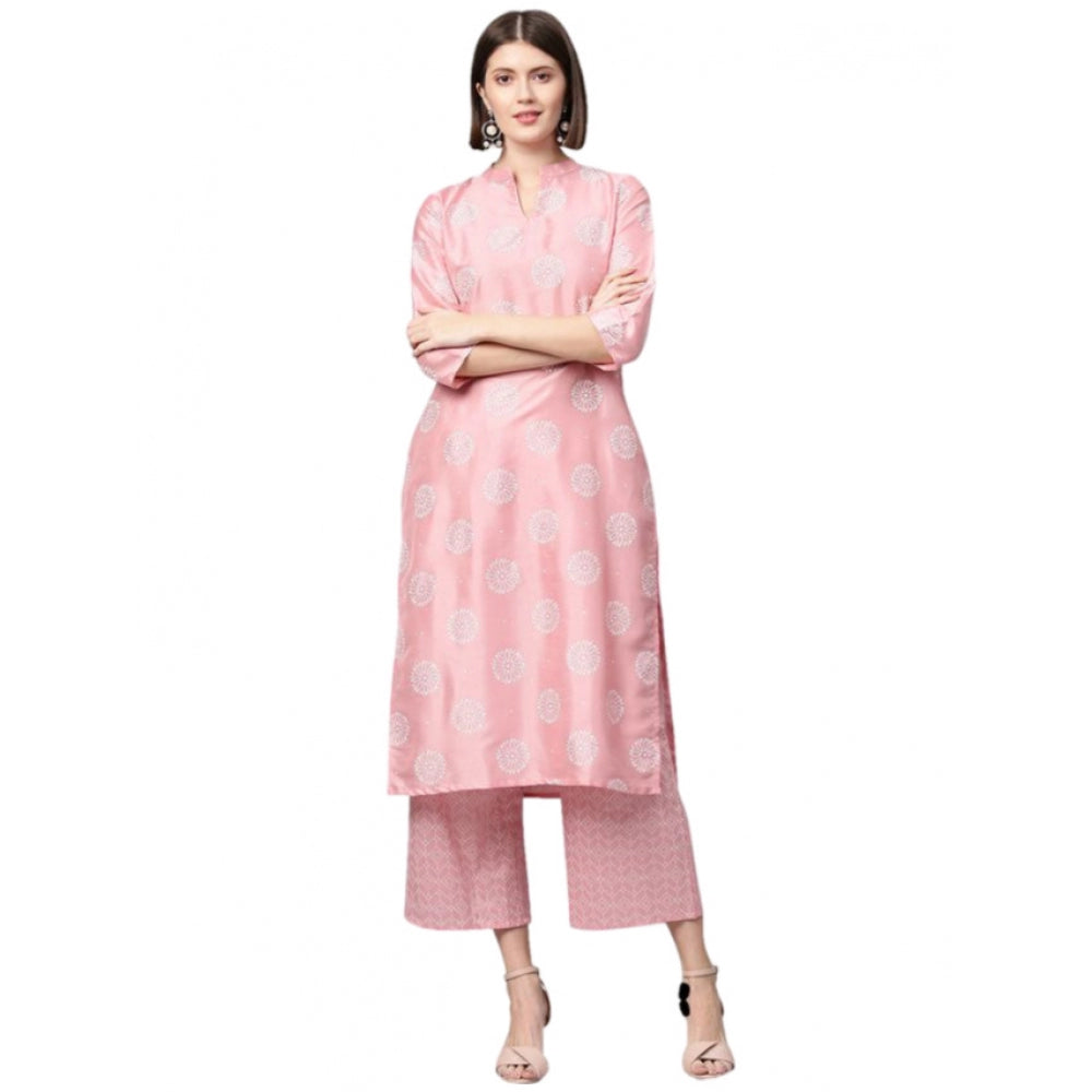 Casual 3-4Th Sleeve Floral Printed Poly Silk Kurti And Palazzo Set