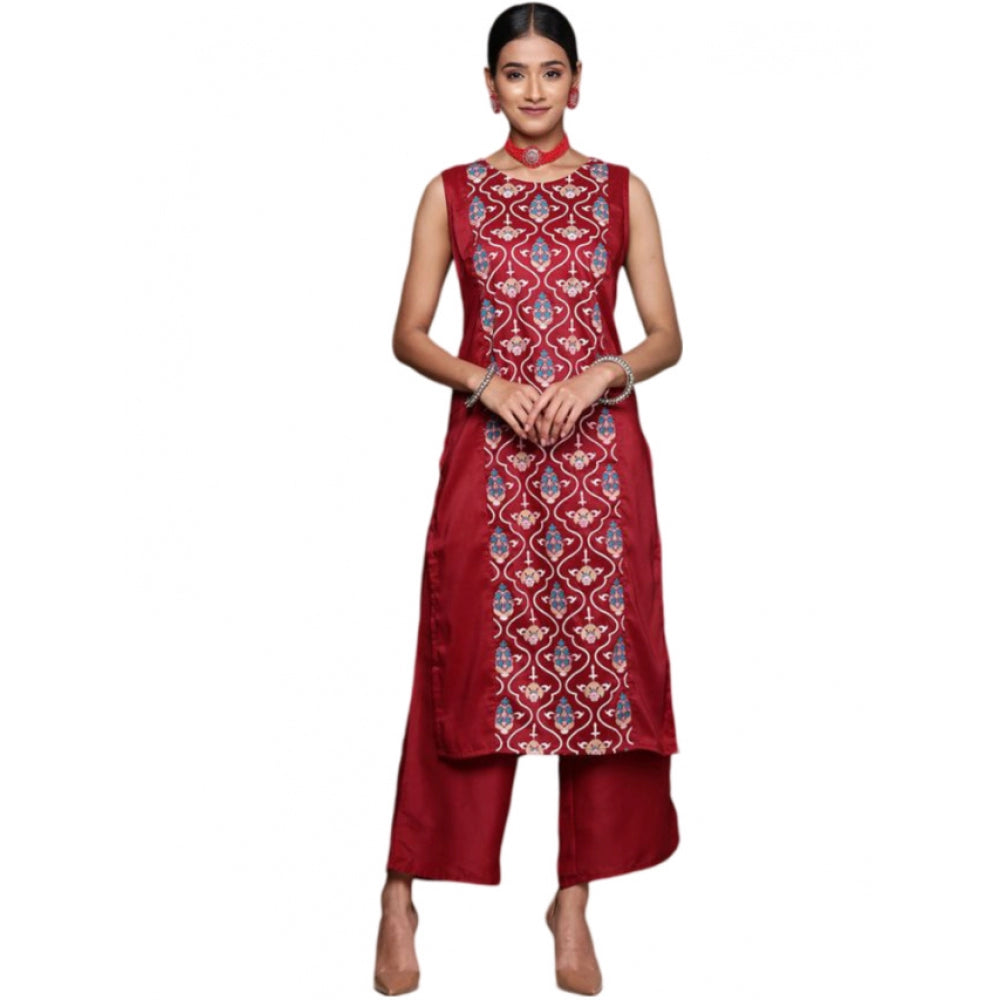 Casual Sleeveless Floral Printed Chinon Kurti and Palazzo Set