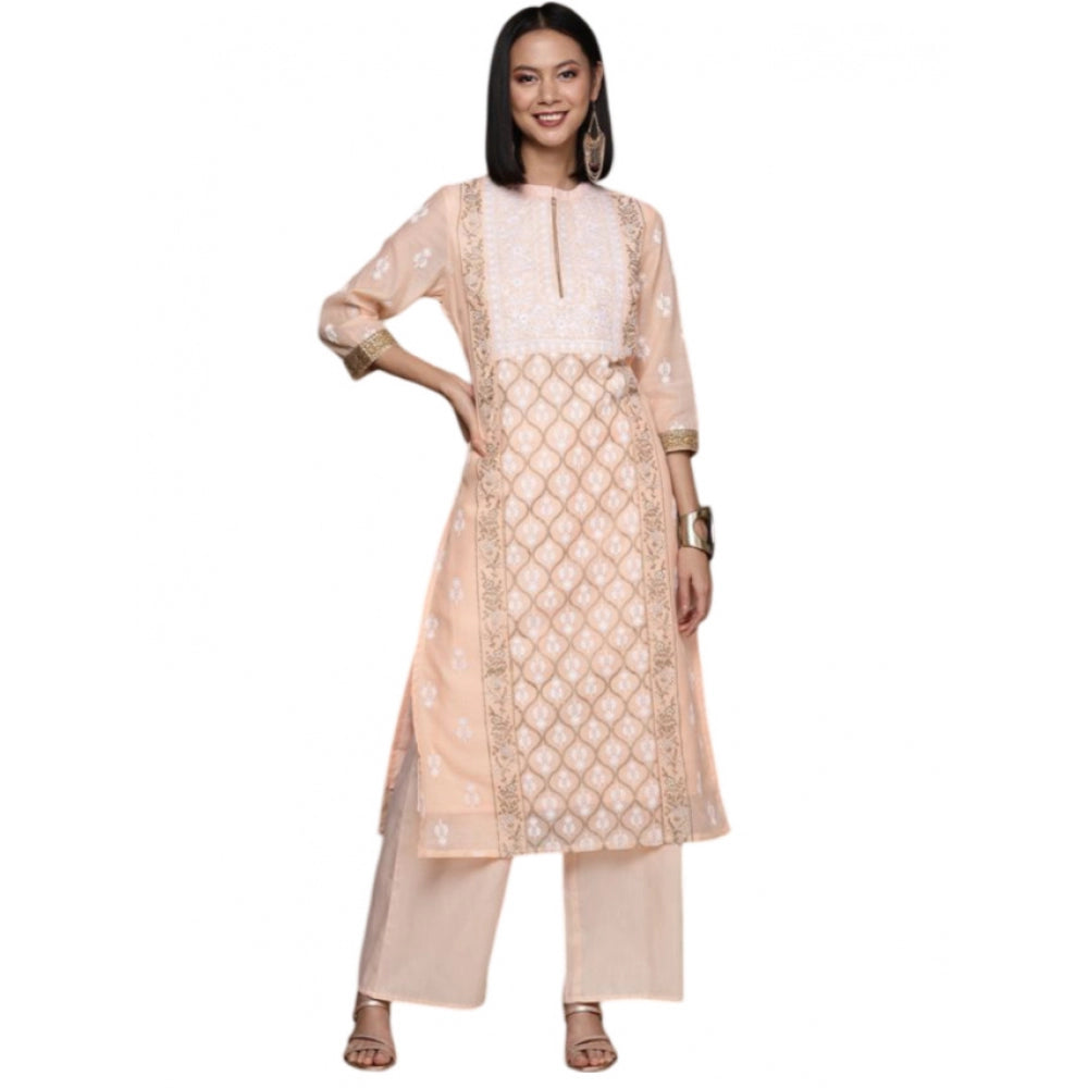 Casual 3-4Th Sleeve Floral Printed Chanderi Cotton Kurti And Palazzo Set