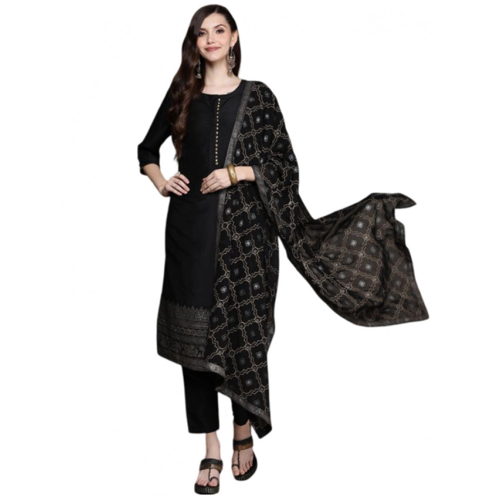 Casual 3-4Th Sleeve Border Crepe Kurti Pant And Dupatta Set