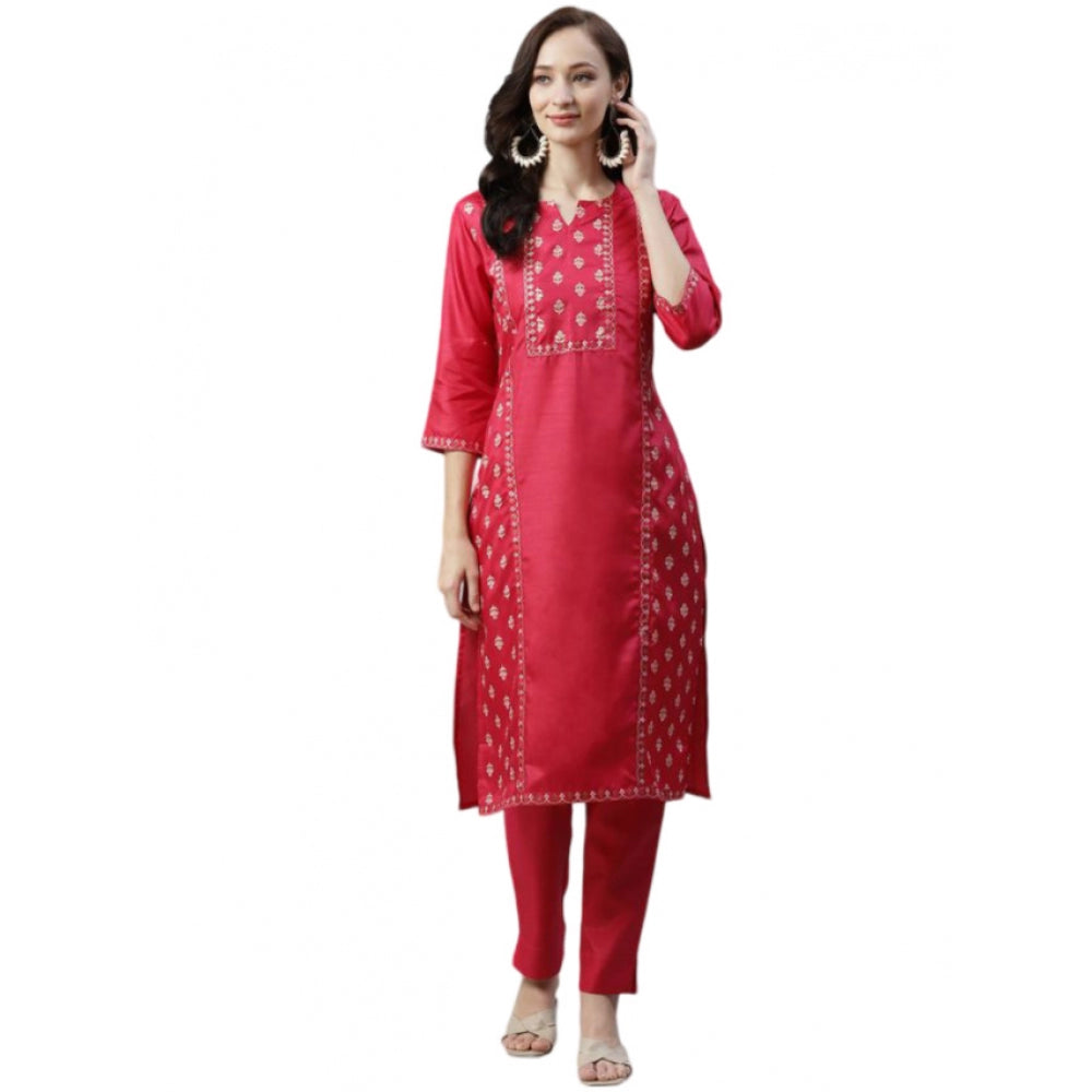 Casual 3-4Th Sleeve Floral Printed Poly Silk Kurti And Pant Set