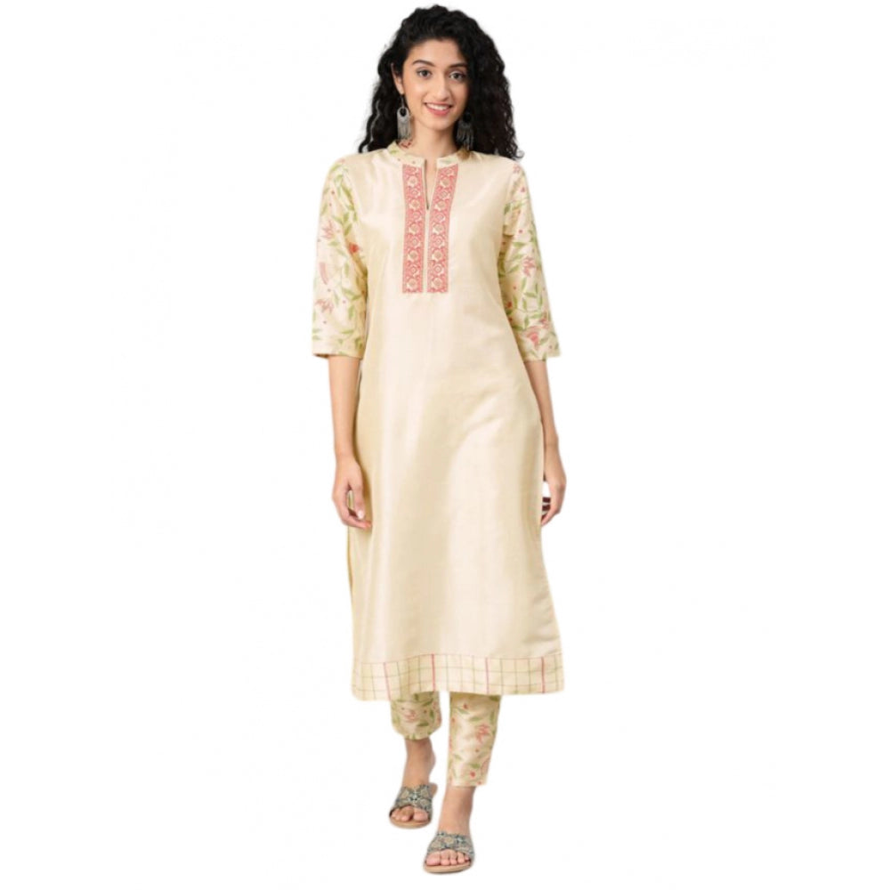 Casual 3-4Th Sleeve Solid Poly Silk Kurti and Pant Set