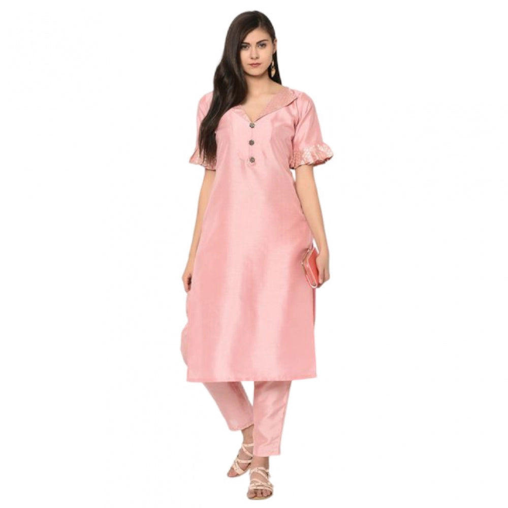 Casual Half Sleeve Solid Poly Silk Kurti and Pant Set