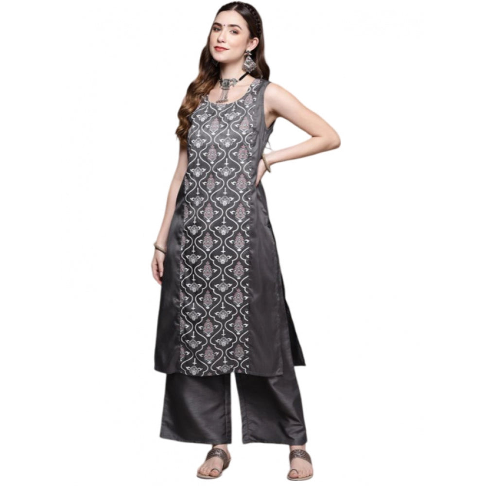 Casual Sleeveless Floral Printed Poly Silk Kurti and Palazzo Set