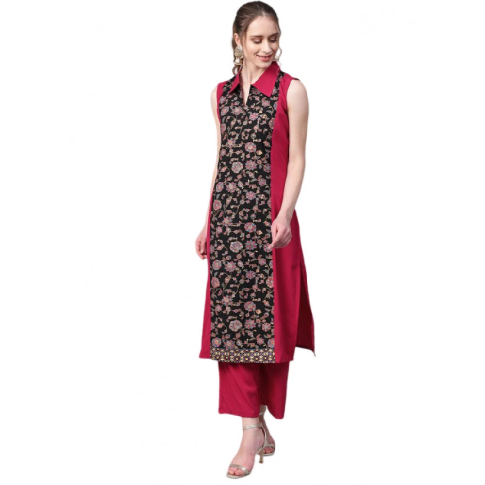 Casual Sleeveless Floral Printed Crepe Kurti and Palazzo Set