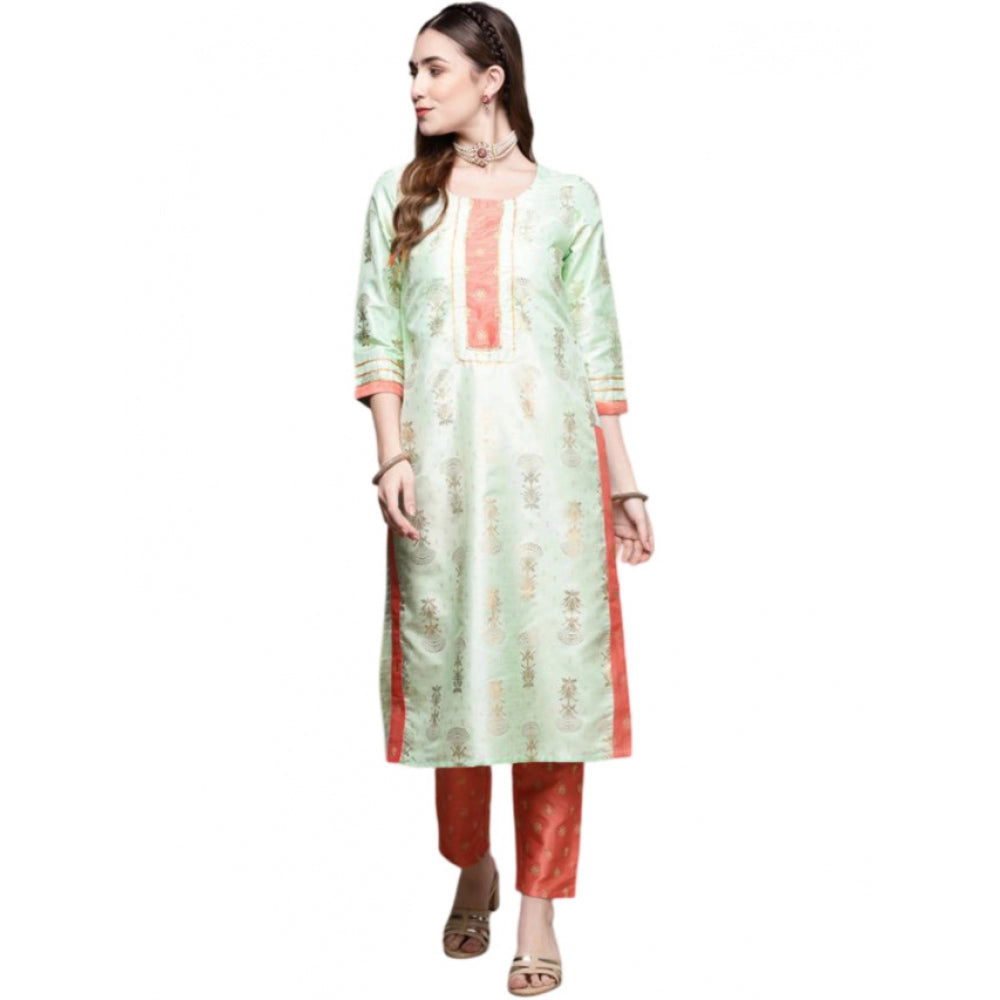 Casual 3-4Th Sleeve Floral Printed Poly Silk Kurti And Pant Set