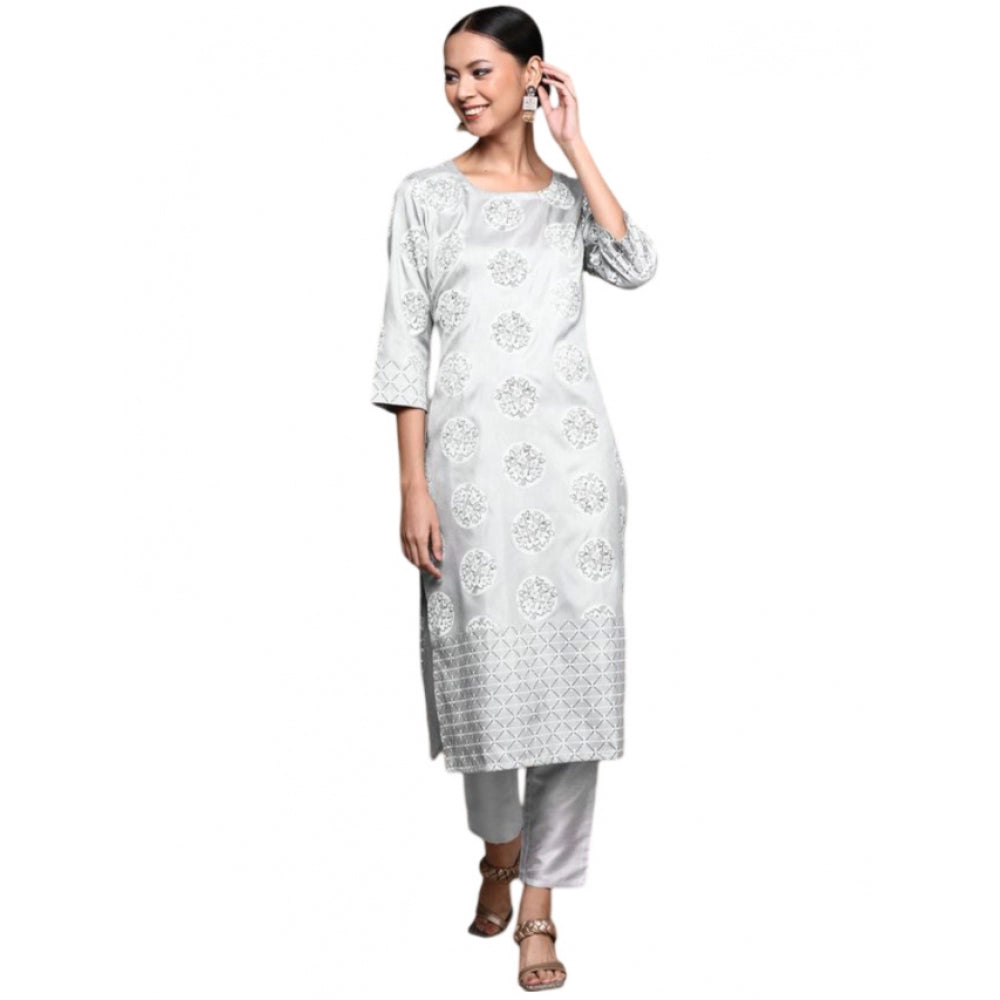 Casual 3-4Th Sleeve Floral Printed Poly Silk Kurti and Pant Set