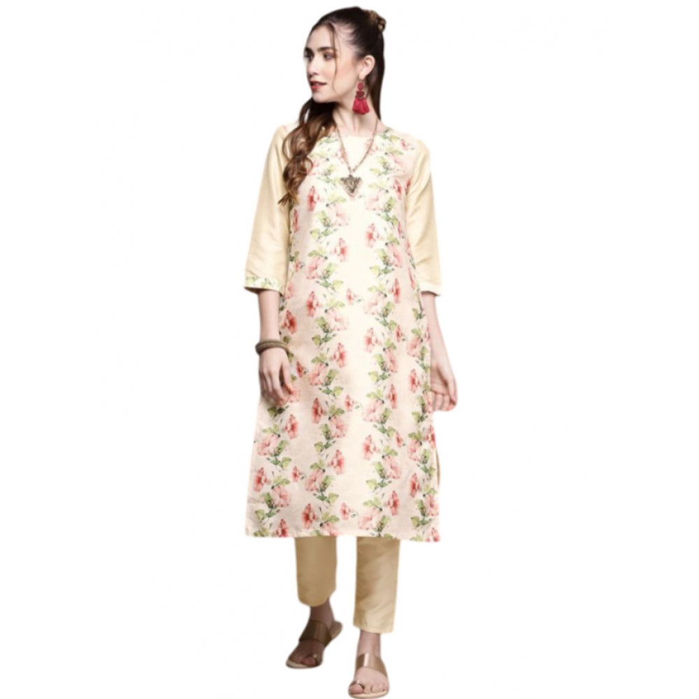 Casual 3-4Th Sleeve Floral Printed Poly Silk Kurti and Pant Set