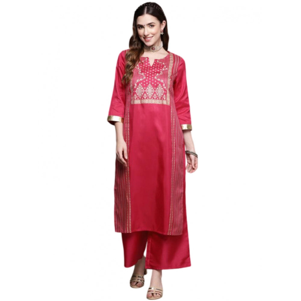 Casual 3-4Th Sleeve Ethnic Motifs Poly Silk Kurti And Palazzo Set