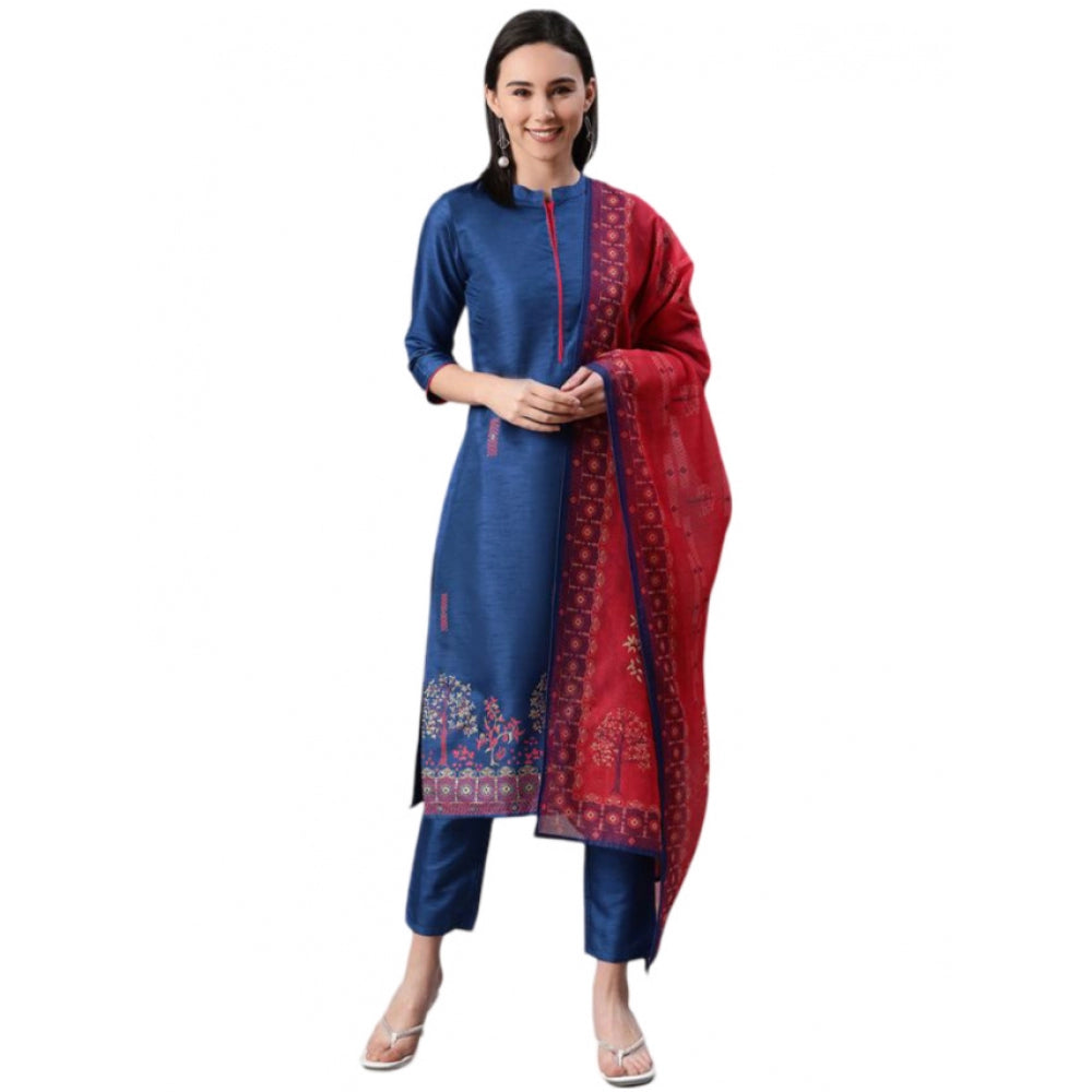 Casual 3-4Th Sleeve Floral Printed Poly Silk Kurti Pant And Dupatta Set