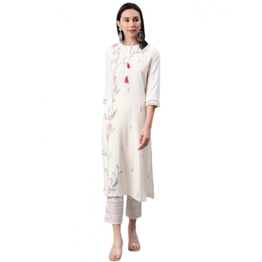 Casual 3-4Th Sleeve Floral Printed Rayon Kurti And Pant Set