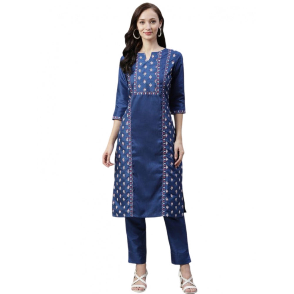 Casual 3-4Th Sleeve Floral Printed Poly Silk Kurti And Pant Set