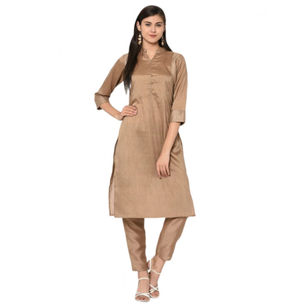 Casual 3-4Th Sleeve Solid Poly Silk Kurti and Pant Set