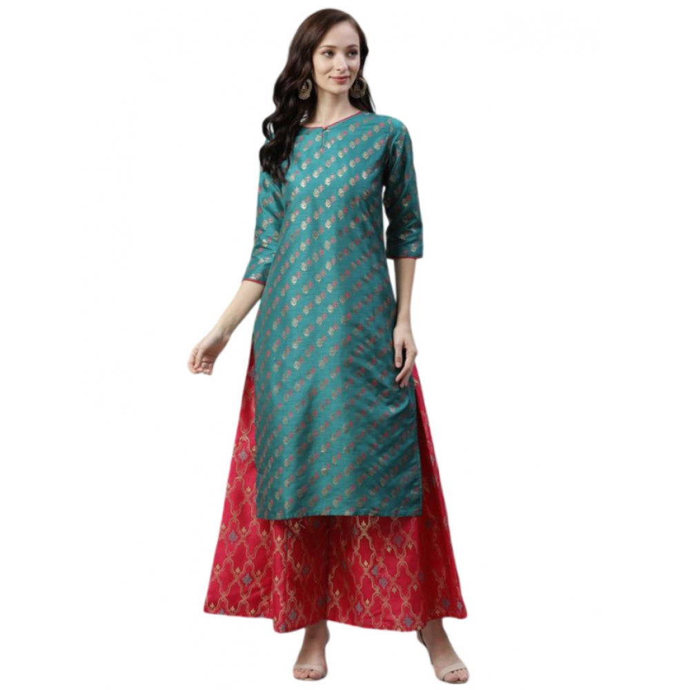 Casual 3-4Th Sleeve Ethnic Motifs Poly Silk Kurti And Palazzo Set