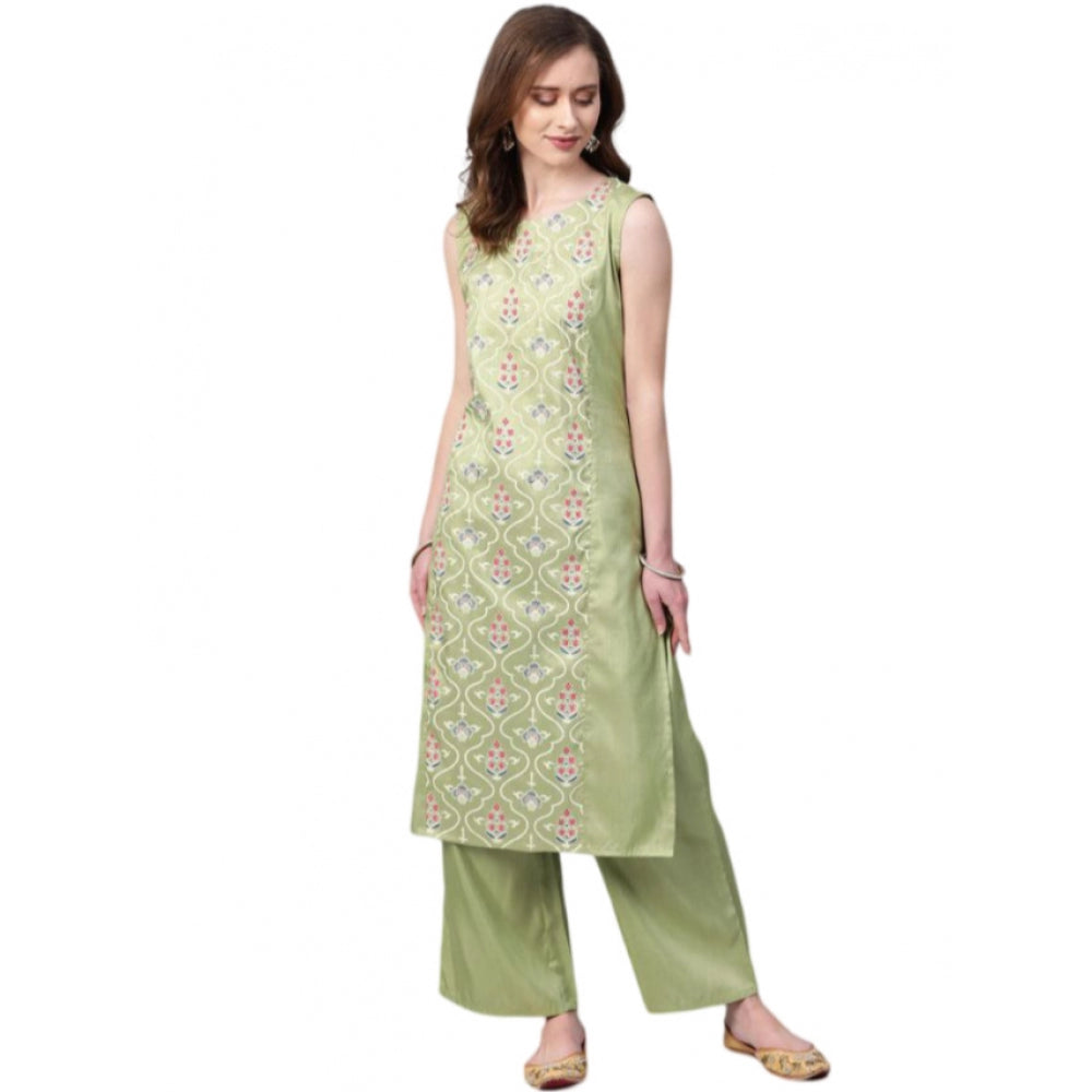 Casual Sleeveless Floral Printed Poly Silk Kurti and Palazzo Set