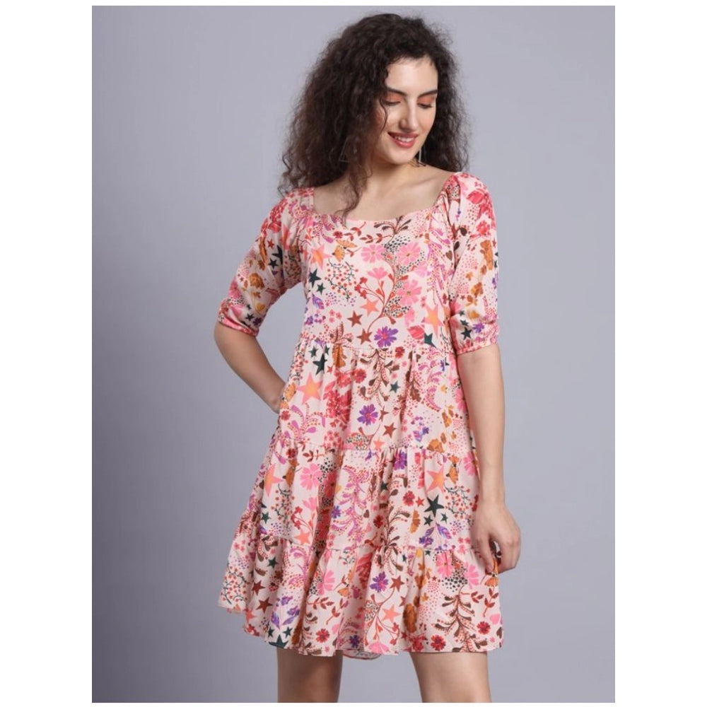 Casual Short Sleeve Printed Crepe Dress