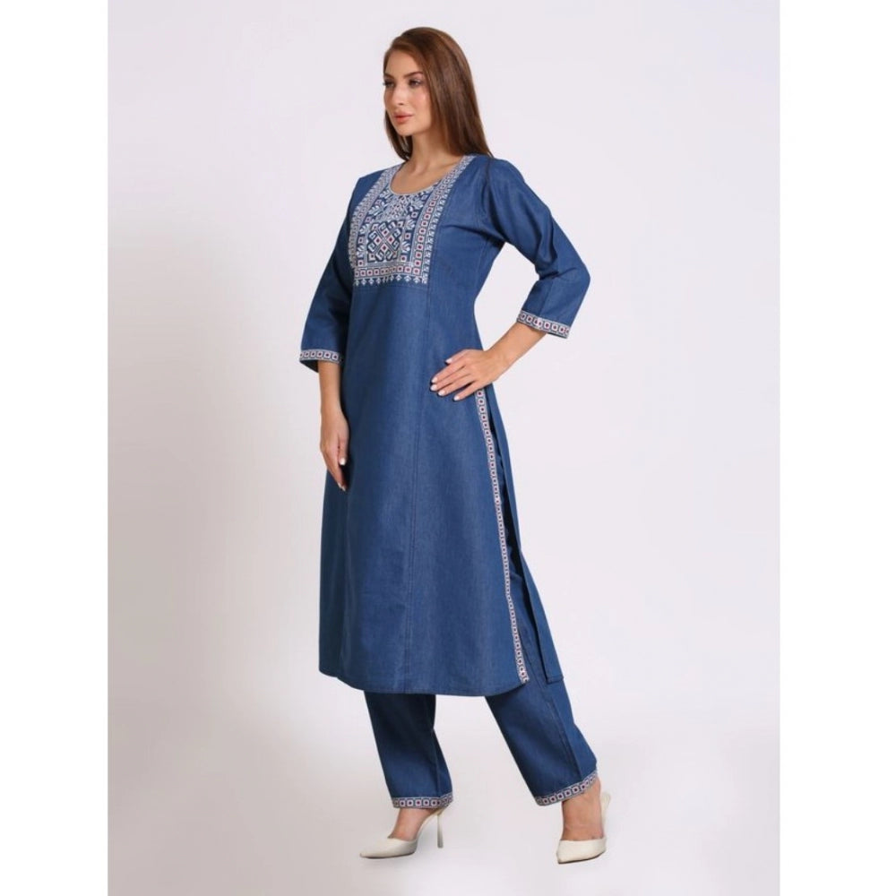 Casual Denim Embroidery 3-4th sleeve Kurti Set