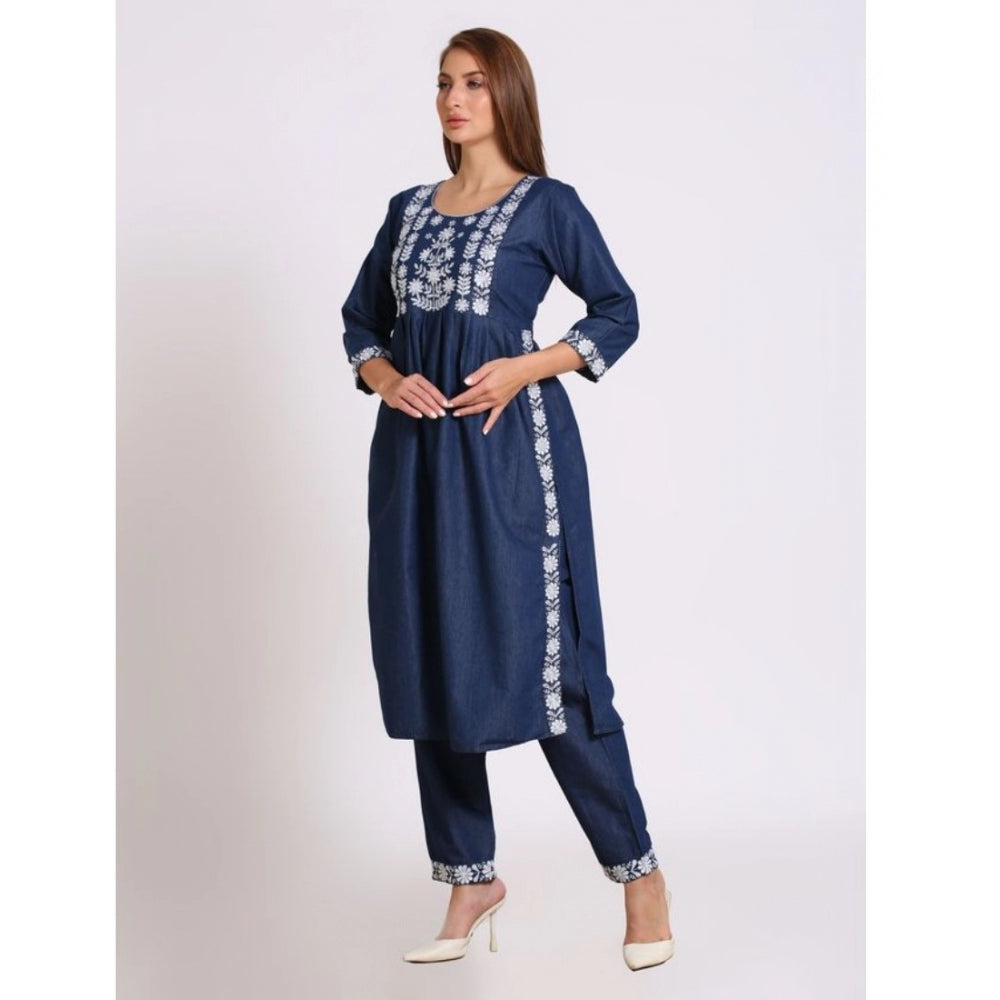 Casual Denim Embroidery 3-4th sleeve Kurti Set