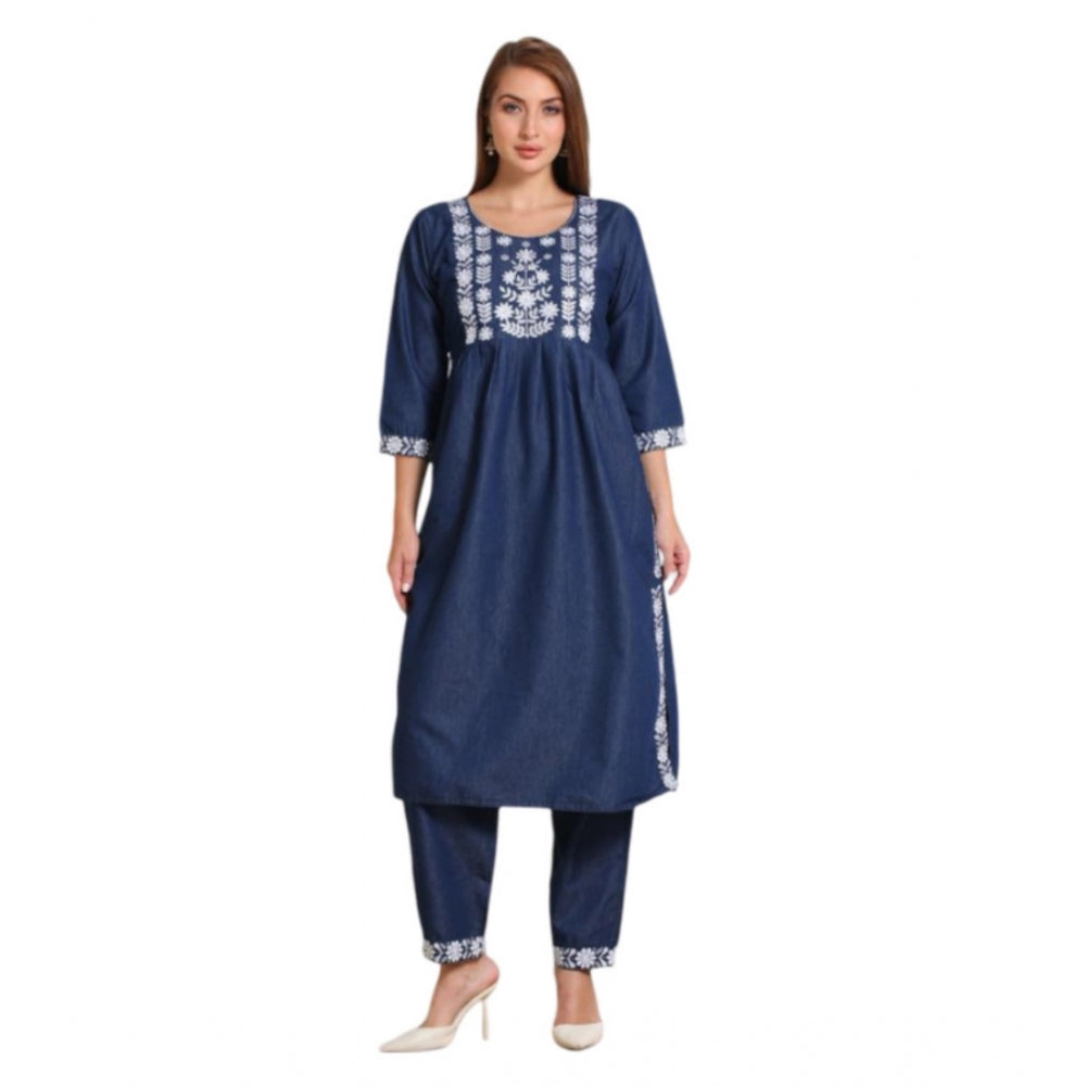 Casual Denim Embroidery 3-4th sleeve Kurti Set