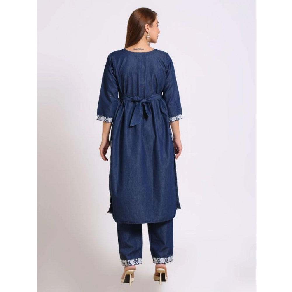 Casual Denim Embroidery 3-4th sleeve Kurti Set