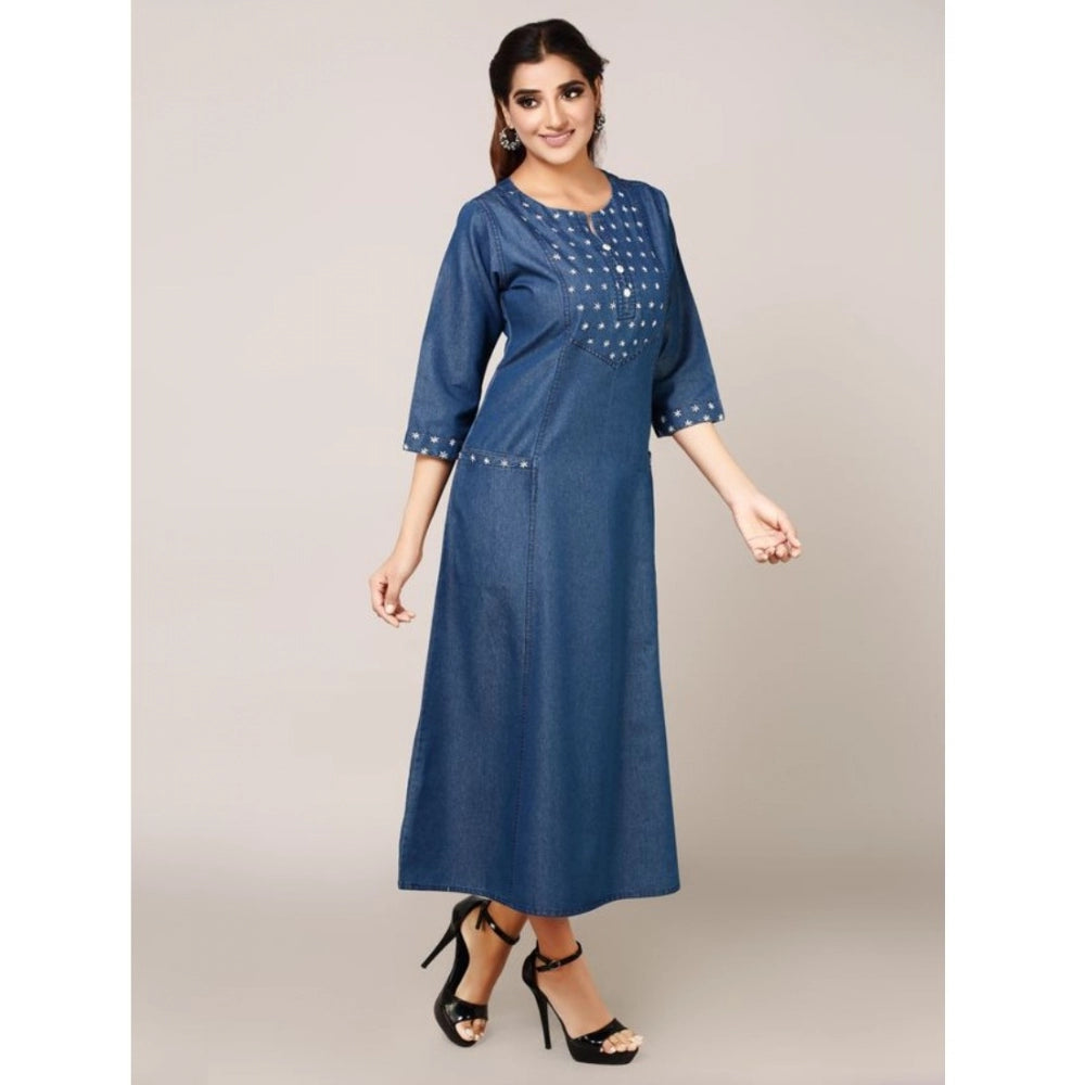 Casual Denim Embroidery 3-4th sleeve A-line Dress