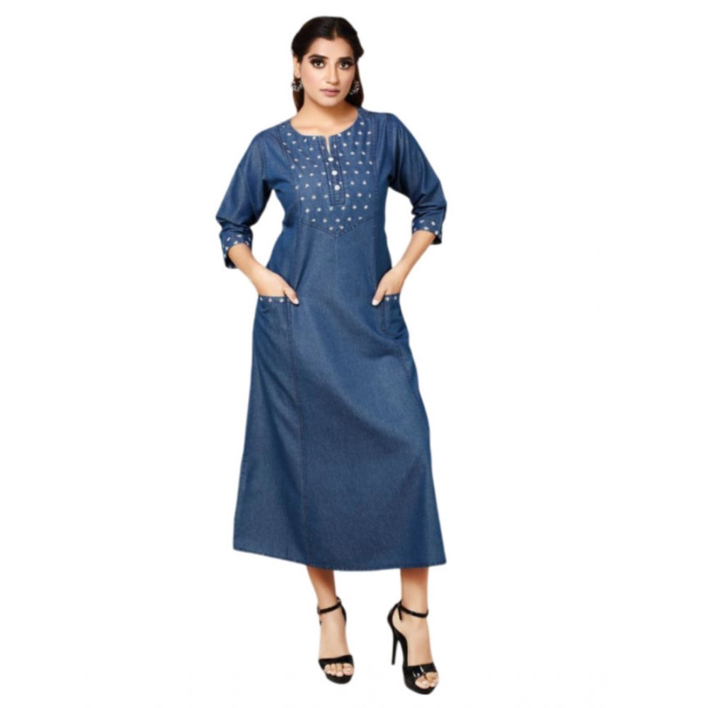 Casual Denim Embroidery 3-4th sleeve A-line Dress