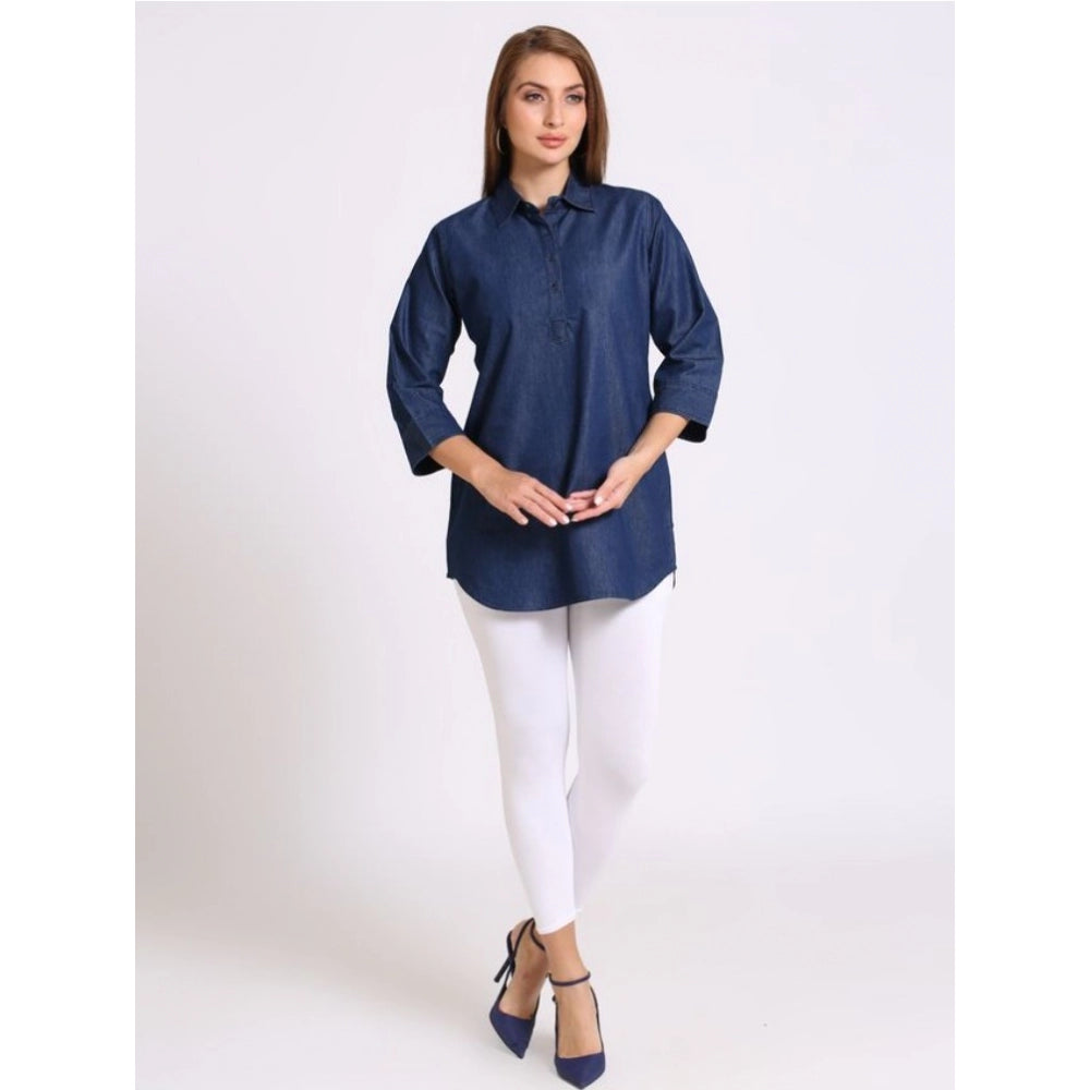 Casual Denim Solid 3-4th sleeve Tunic Top