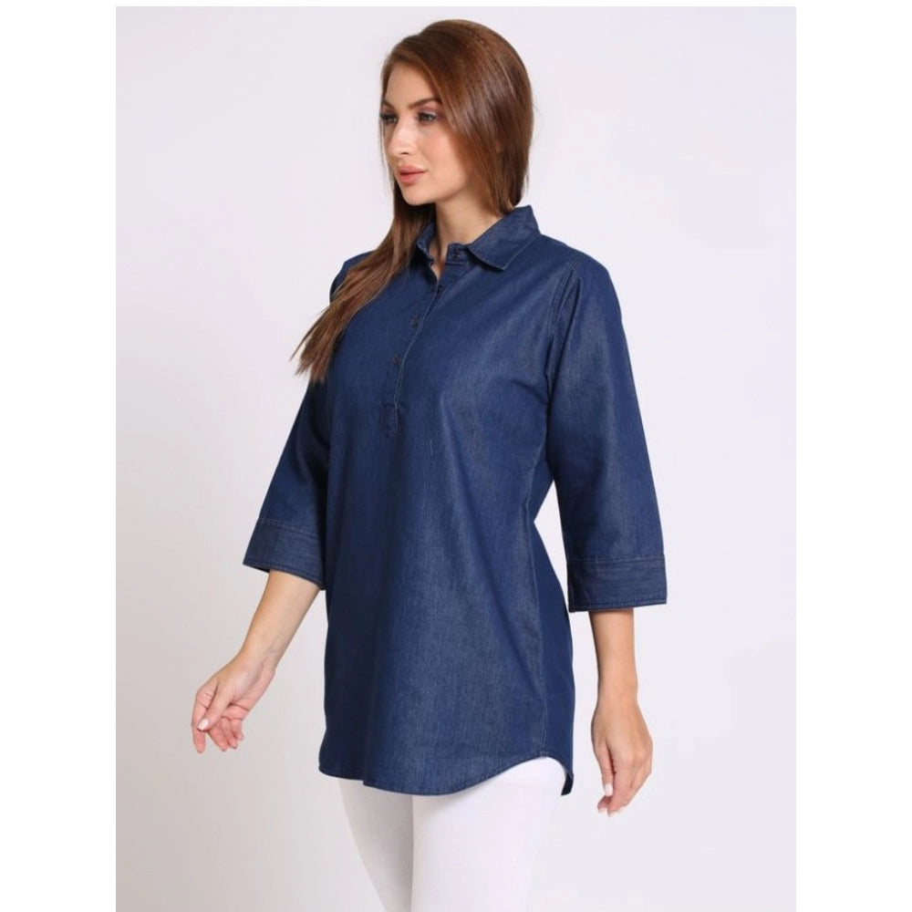 Casual Denim Solid 3-4th sleeve Tunic Top