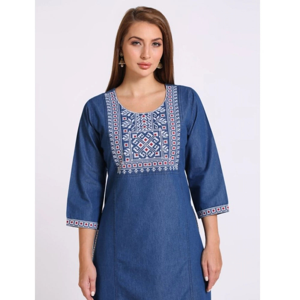 Casual Denim Embroidery 3-4th sleeve Kurti Set