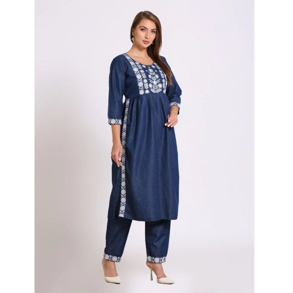 Casual Denim Embroidery 3-4th sleeve Kurti Set