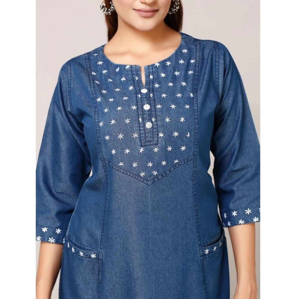 Casual Denim Embroidery 3-4th sleeve A-line Dress