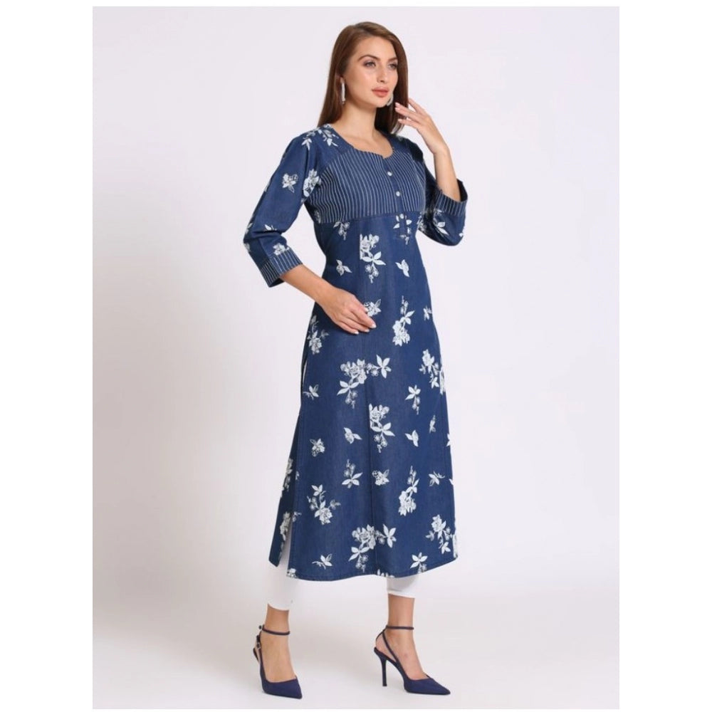 Casual Denim Floral 3-4th sleeve Straight Kurti