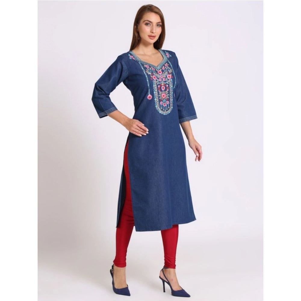 Casual Denim Embroidery 3-4th sleeve Straight Kurti