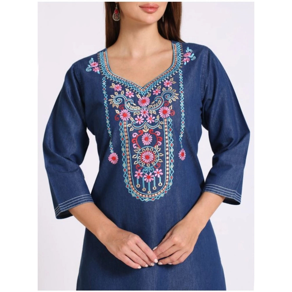 Casual Denim Embroidery 3-4th sleeve Straight Kurti