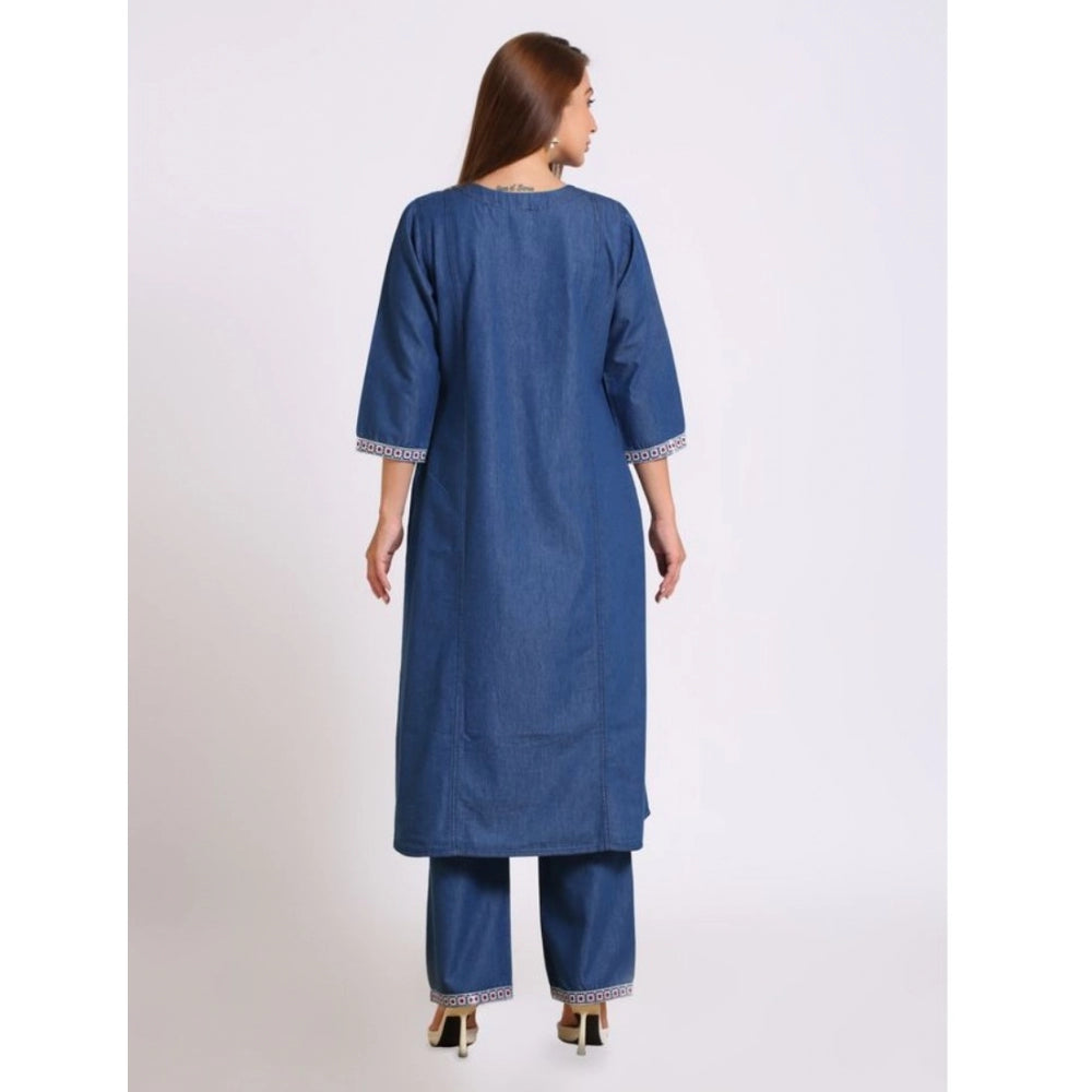 Casual Denim Embroidery 3-4th sleeve Kurti Set