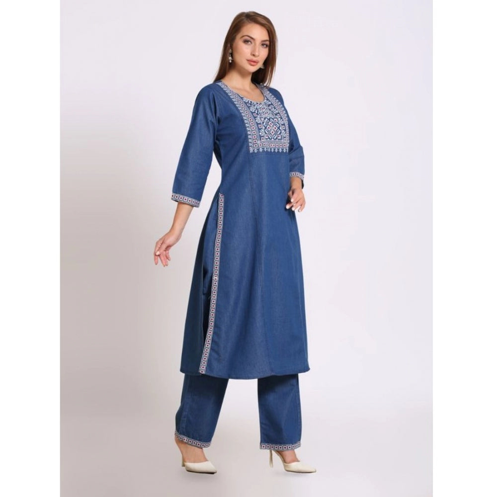 Casual Denim Embroidery 3-4th sleeve Kurti Set