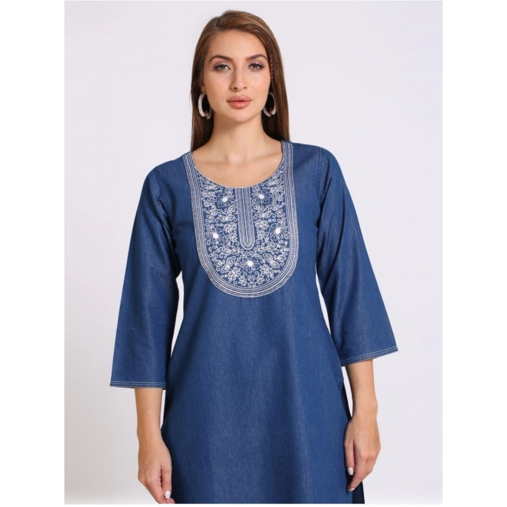 Casual Denim Embroidery 3-4th sleeve Straight Kurti