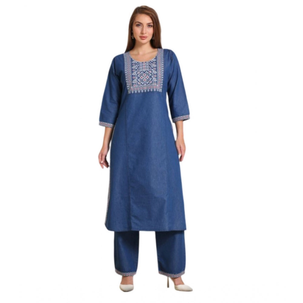 Casual Denim Embroidery 3-4th sleeve Kurti Set