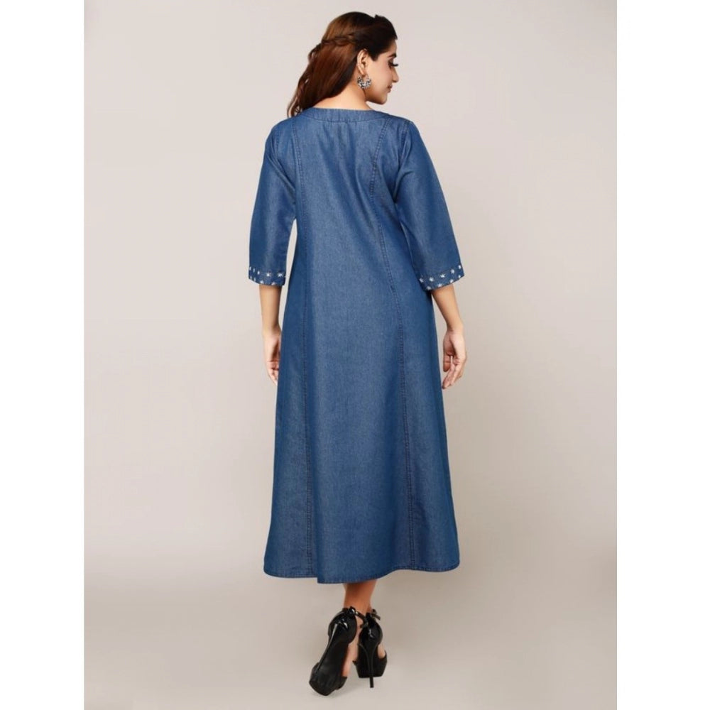 Casual Denim Embroidery 3-4th sleeve A-line Dress